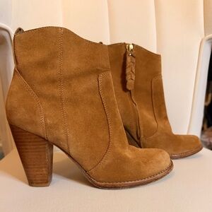 Joie Dalton Cognac Tan Brown Suede Leather Stacked Heel Booties size EU 37